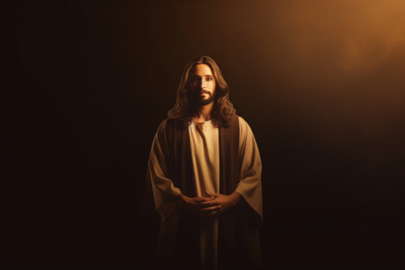 jesus standing in front of a dark backgroundの素材