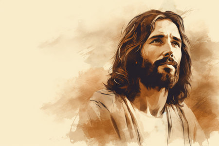 a painting of jesus with long hair and beardの素材
