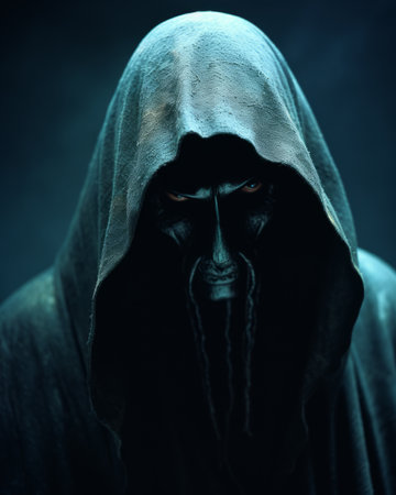 Scary man in the dark with a hood. Halloween theme.の素材