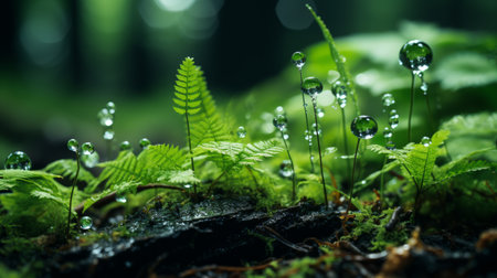 ferns and water droplets in the forestの素材