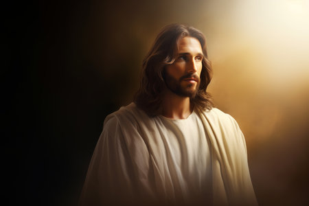 jesus is standing in front of a dark backgroundの素材
