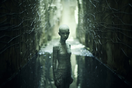 an image of a woman standing in a dark tunnelの素材