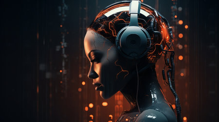 an image of a woman with headphones on her headの素材