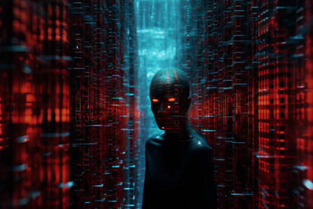 an image of a man standing in front of a computer screenの素材