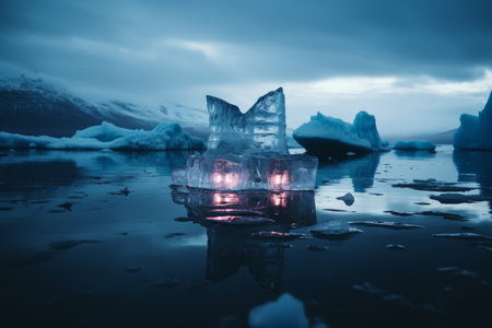 an iceberg floating in the water with lights on itの素材