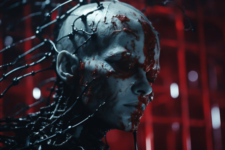 an image of a man with blood on his faceの素材