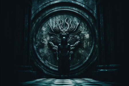 an image of a dark room with a demon in the centerの素材