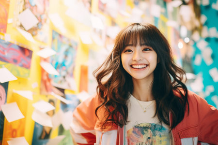 a young woman smiling in front of a colorful wallの素材