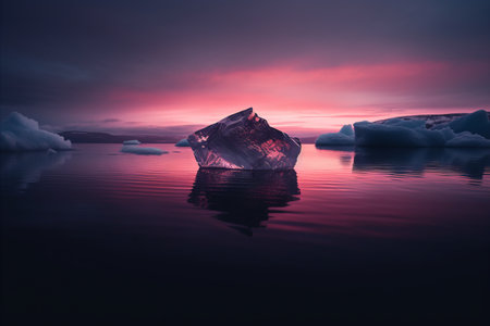 an iceberg floating in the water at sunsetの素材