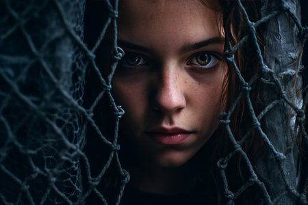 a young woman looking through a chain link fenceの素材