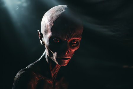 an alien with glowing red eyes in the darkの素材