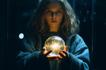 a young woman holding a crystal ball in front of herの素材