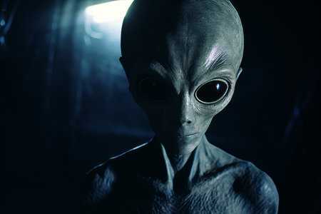 an alien looking at the camera in the darkの素材