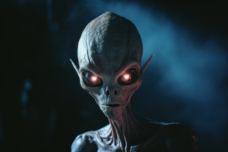 an alien with glowing red eyes in the darkの素材