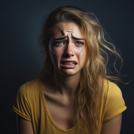 a young woman with tears on her faceの素材