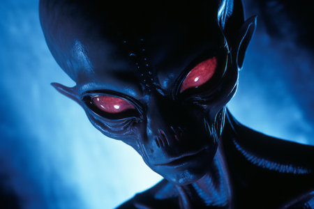 an alien with glowing red eyes in a dark roomの素材