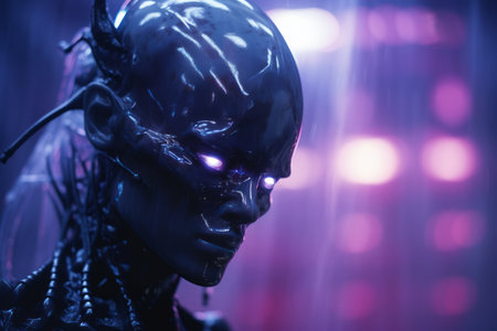 an alien with glowing purple eyes standing in front of a dark backgroundの素材