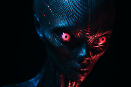 an alien head with glowing red eyesの素材