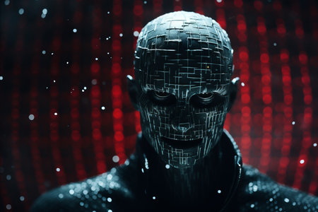 an image of a man in a black suit with red lights behind himの素材