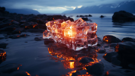 an ice cube sitting on the shore of a body of waterの素材