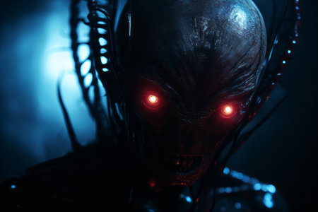 an alien with glowing red eyes in the darkの素材
