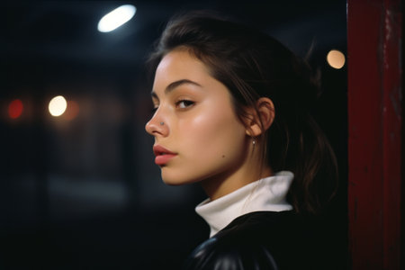 a young woman in a black leather jacket standing in front of a red doorの素材