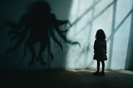 a young girl standing in front of a large shadow monsterの素材