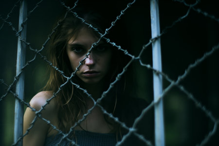 a young woman behind a barbed wire fenceの素材