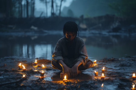 a young woman kneeling in the mud with lit candles in front of a body of waterの素材