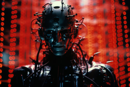 an image of a robot in a dark room with red lightsの素材