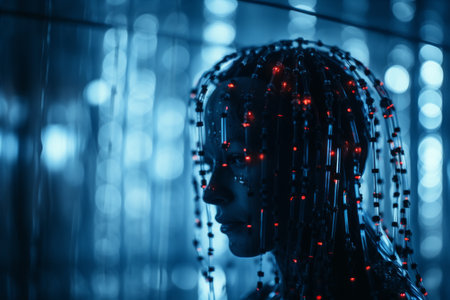 a woman with red lights on her headの素材