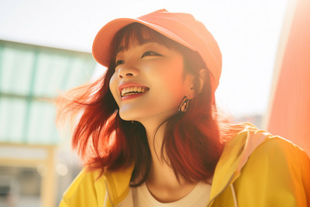 a woman with red hair wearing a yellow jacket and a pink hatの素材