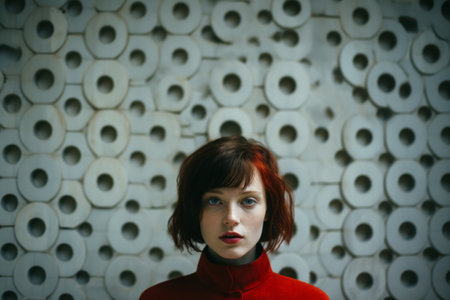 a woman with red hair standing in front of a wall of circlesの素材