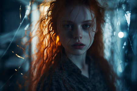 a woman with red hair in a dark roomの素材