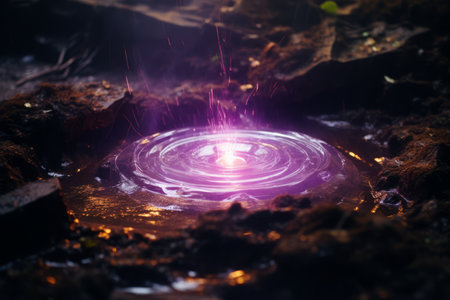 a purple light is shining from the top of a rockの素材