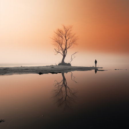 a lone tree stands in the middle of a lake at sunsetの素材