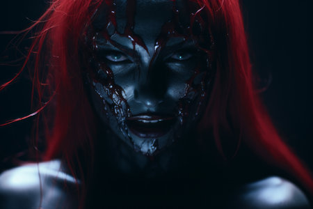 a woman with red hair and blood on her faceの素材