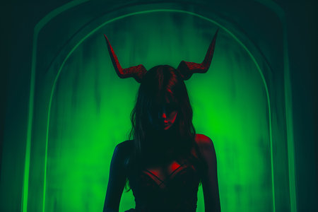 a woman with horns standing in front of a green lightの素材