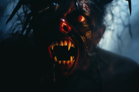 an evil clown with fangs and blood dripping from his mouthの素材