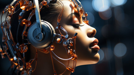 a woman with headphones on her headの素材