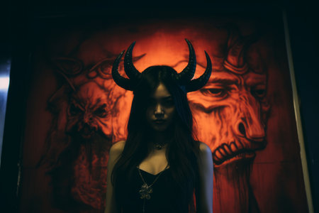 a woman with horns standing in front of a paintingの素材