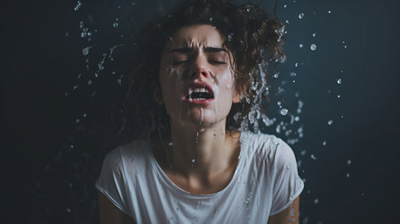 a woman with her mouth open while being sprayed with waterの素材