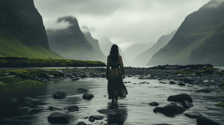 a woman standing in the middle of a river with mountains in the backgroundの素材