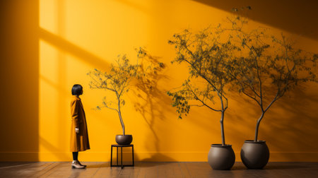 a woman stands in front of two potted plants in an orange roomの素材