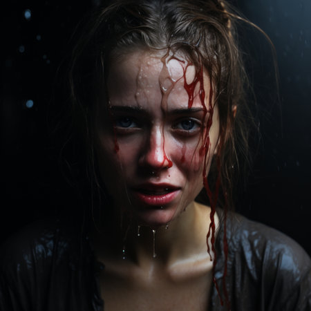 a woman with blood on her face standing in the rainの素材