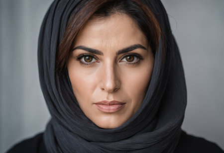 a woman wearing a black headscarfの素材