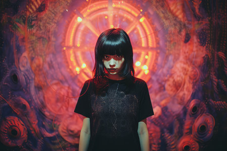 a woman with black hair standing in front of a red lightの素材