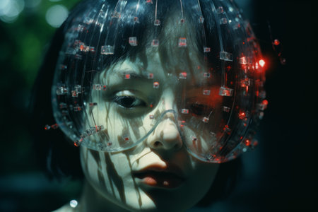 a woman wearing a plastic mask with red lights on itの素材