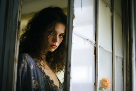 a woman standing in front of a window with a flowerの素材