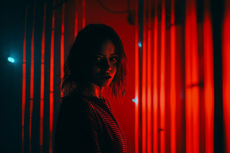 a woman standing in front of a red lightの素材